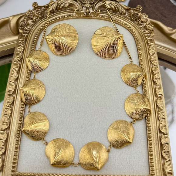 Gold Textured Bead Statement Necklace & Earring Set – Stainless Steel - Picture 10 of 17